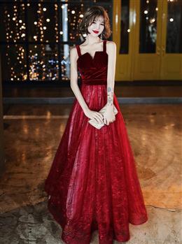 Picture of Wine Red Color A-line Floor Length Velvet and Tulle Straps  Evening Dresses Formal Dresses